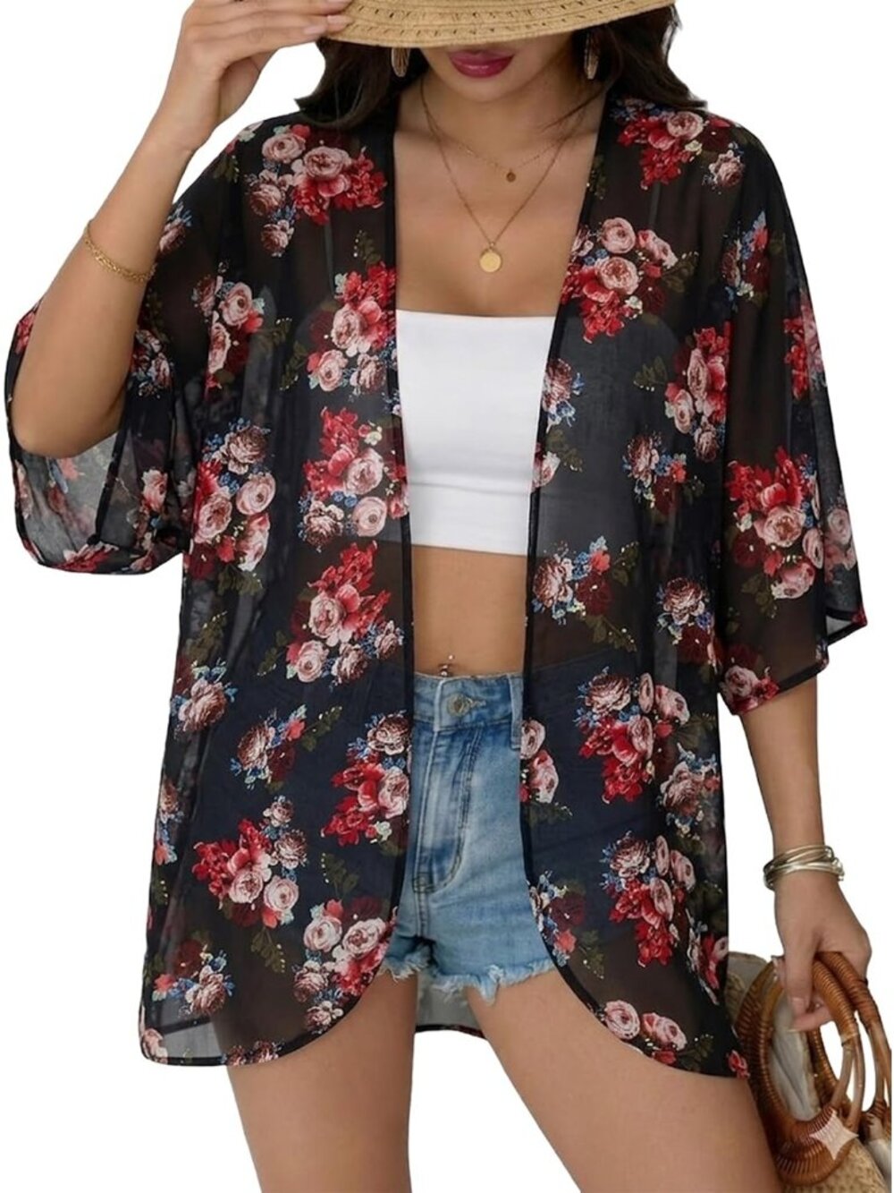 Women's Black 1 Chiffon Kimono Cardigan Open Front Blouse Swimwear Cover Up